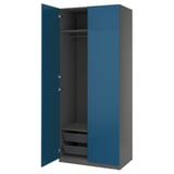 Blue modern wardrobe with open doors, mesh baskets, and hanging rod.