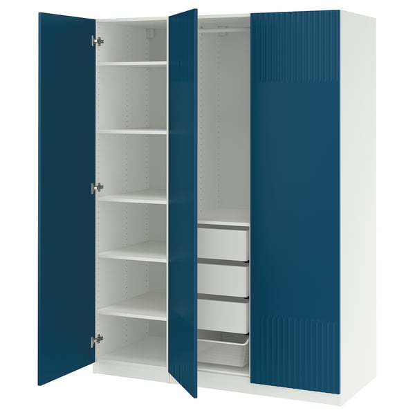 A blue and white PAX wardrobe with open doors revealing shelves and drawers.