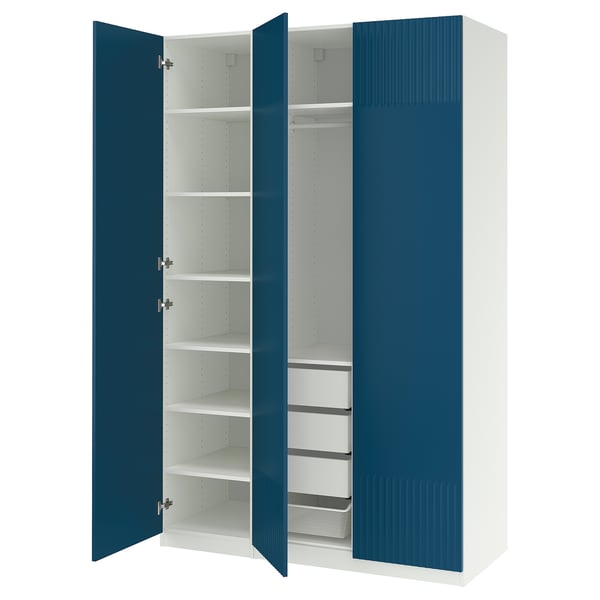 A blue and white ikea PAX wardrobe with open doors, displaying shelves and drawers.