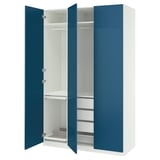 Blue and white PAX wardrobe, open showing shelves and compartments.