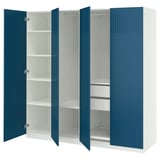 PAX wardrobe: white & blue, open doors, shelves.