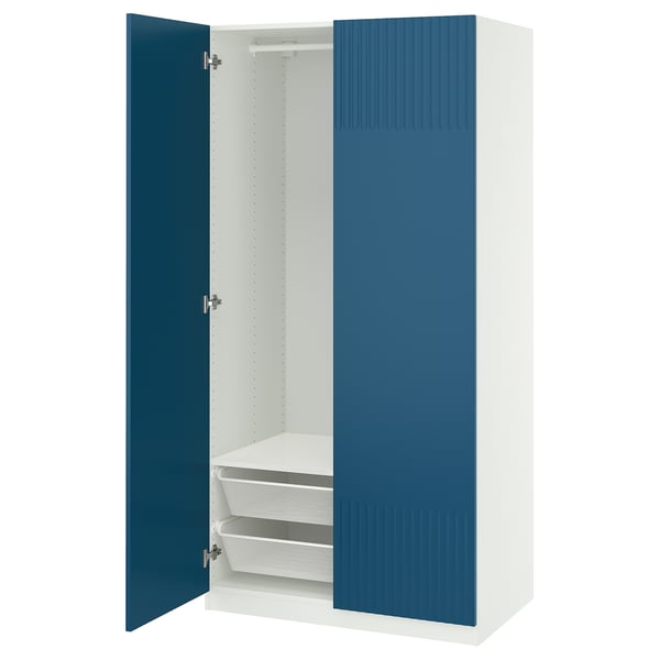 Blue and white PAX wardrobe, narrow frame, open doors showing shelves and baskets.