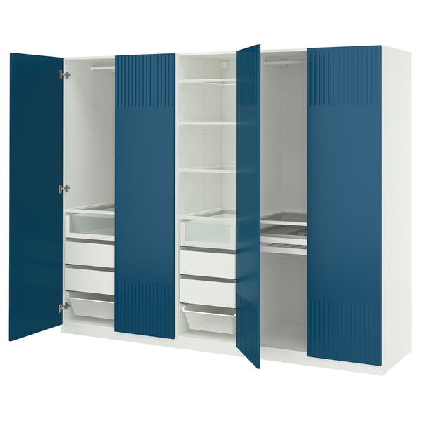 Blue PAX wardrobe with open doors, multiple shelves, drawers, and mesh baskets.