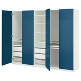 Blue PAX wardrobe with open doors, multiple shelves, drawers, and mesh baskets.
