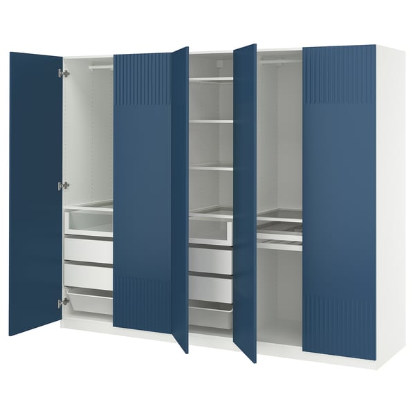 Blue PAX wardrobe with open doors, shelves, drawers, and compartments.