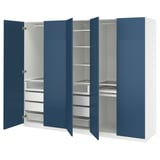 Blue PAX wardrobe with open doors, shelves, drawers, and compartments.