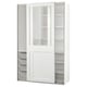 Option: White PAX wardrobe with clear glass doors, sliding mechanism, mesh basket, and multiple shelves.
