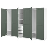 Open green PAX closet with shelves and drawers, white interior, modern design.