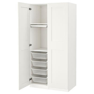 A PAX wardrobe in white with mesh baskets and drawers, designed for compact, organized storage.