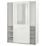White PAX wardrobe sliding glass doors, metal mesh basket, soft-close mechanism, and adjustable shelves.