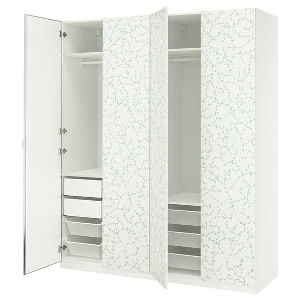 White ikea PAX wardrobe with floral design, four doors, shelves, drawers, and mesh baskets.