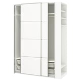 Modern white PAX wardrobe with sliding doors, adjustable shelves, and mesh baskets.