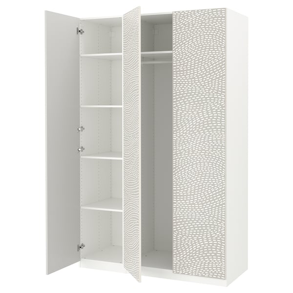 White IKEA PAX wardrobe, open doors revealing shelves, grey pattern.