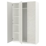 White IKEA PAX wardrobe, open doors revealing shelves, grey pattern.