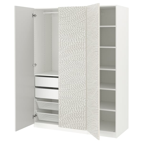 A white PAX wardrobe with a patterned door, offering shelves and drawers for storage.