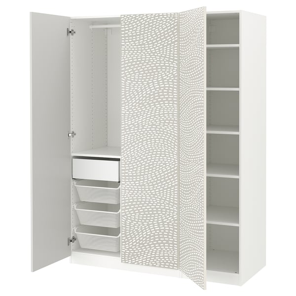 White wardrobe PAX with two open doors revealing shelves and mesh baskets, featuring a grey patterned middle door.