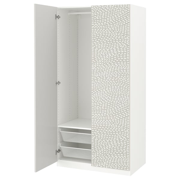 PAX wardrobe: white, textured door, metal rails, mesh baskets, soft-close hinges.