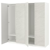 White ikea PAX wardrobe, open. Textured doors, white interior, metal hinges, adjustable feet.
