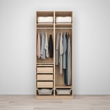 Wooden wardrobe organizes clothes and storage with drawers, shelves, and hangers.