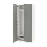 White ikea PAX wardrobe, grey interior, doors open.