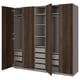 Option: An open wooden wardrobe named PAX, featuring shelves and drawers for storage.