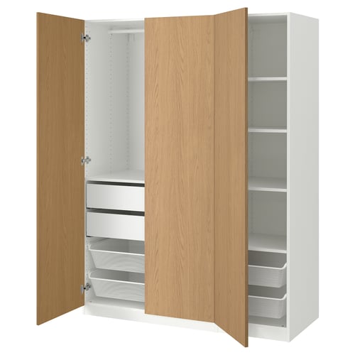 An open white and wood-colored ikea PAX wardrobe with shelves and drawers.