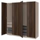 Brown PAX wardrobe with mesh baskets, drawers, and soft-close doors.