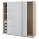 Option: Modern white sliding door wardrobe with wooden shelves and drawers, featuring a clean and minimalist design.