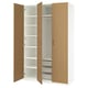 Ikea PAX wardrobe, light oak and white, tall with open doors, shelves, and drawers.