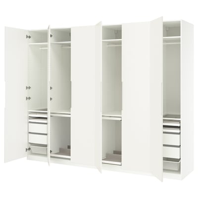 A white PAX wardrobe with multiple compartments and drawers, offering ample storage.