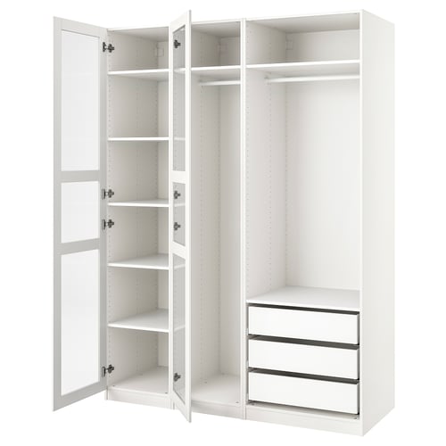 A white PAX wardrobe with open doors, revealing shelves and a drawer inside.