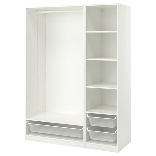 A white ikea PAX wardrobe with open sections and mesh storage baskets.