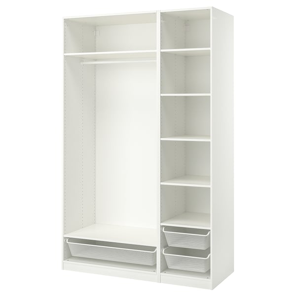 Ikea PAX, white wardrobe with open shelves and mesh baskets.