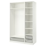 Ikea PAX, white wardrobe with open shelves and mesh baskets.