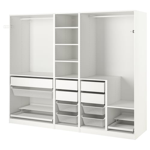 A white IKEA PAX wardrobe with adjustable shelves and metal mesh baskets for storage.