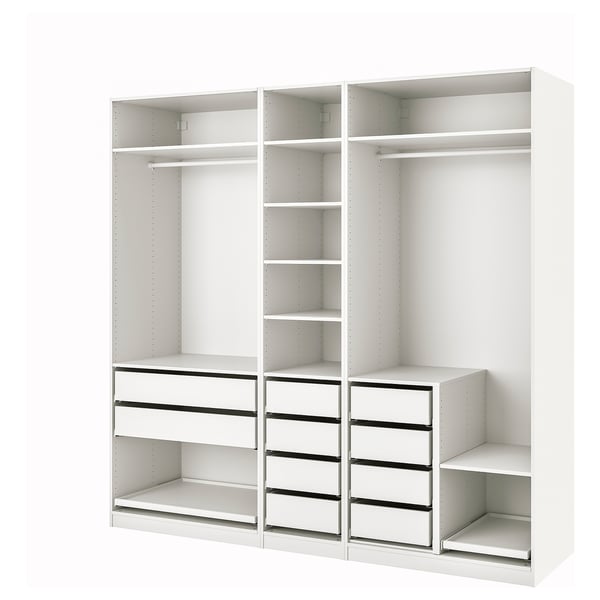 A white PAX wardrobe system with drawers and shelves for efficient storage.