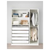 Modern white wardrobe with shelves, drawers, and hanging space for clothes and accessories.