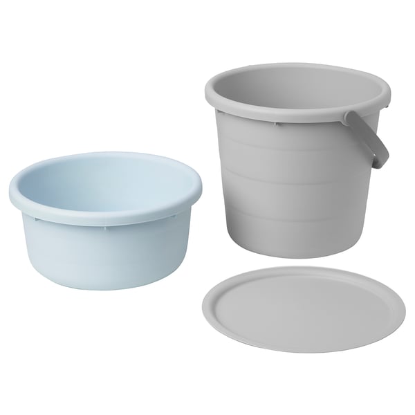 Three plastic buckets: two light blue, one gray, round with handles.