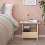 PERJOHAN side table holds books, glass, flowers; open shelf below for decor.