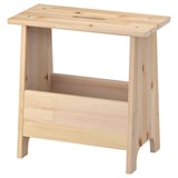 PERJOHAN wooden stool in natural color, rectangular shape with legs, open storage below.