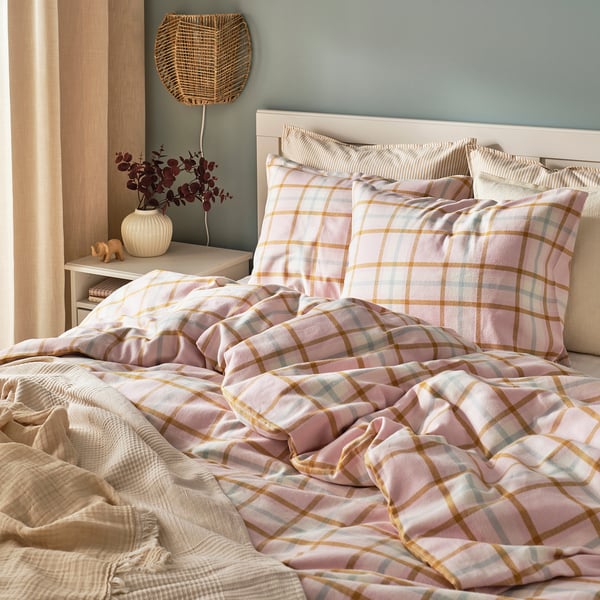 PEROVSKIA Duvet cover and pillowcase, pale pink/check, 150x200/50x60 cm