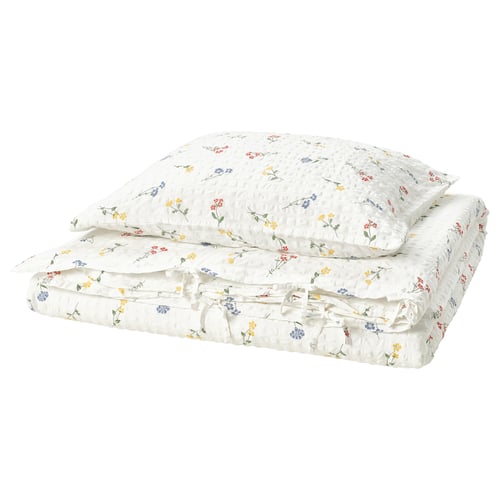 White PILDVÄRGMAL duvet set, floral print, soft cotton-viscose, seersucker texture.