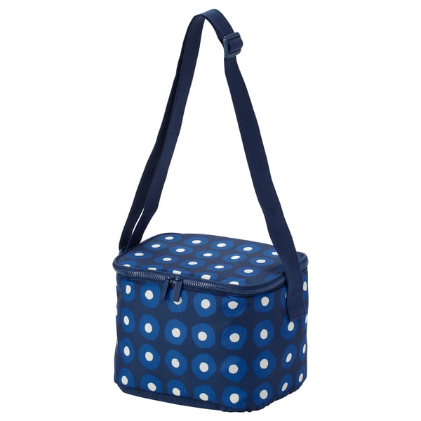 Blue polka dot insulated lunch bag with shoulder strap.