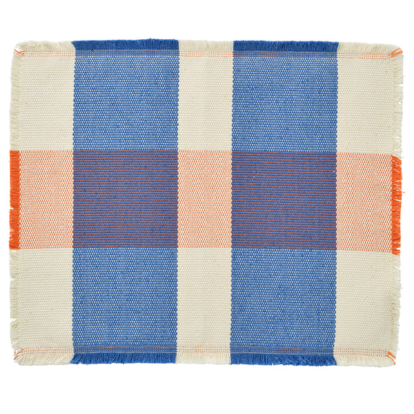 PILLERSTARR blue, white, orange placemat. Rectangular weaved cotton table mat with checkered design.