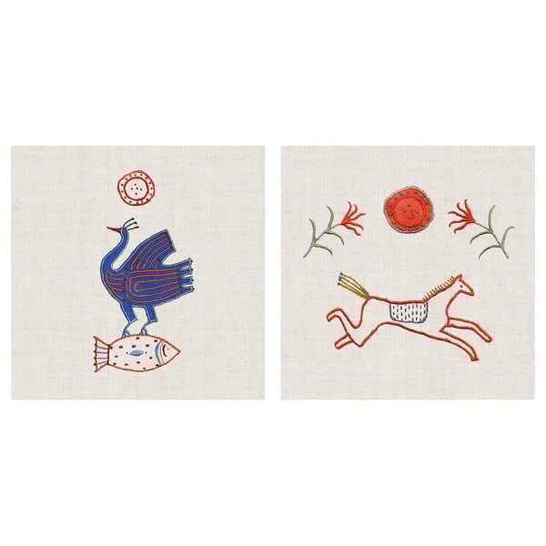 PJÄTTERYD canvas print: blue bird, red fish, red horse, beige background.