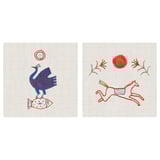 PJÄTTERYD canvas print: blue bird, red fish, red horse, beige background.