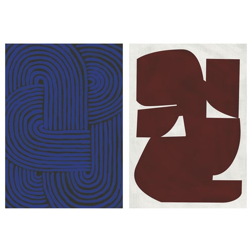 Two art prints side by side: left, blue swirls, right, maroon shapes.