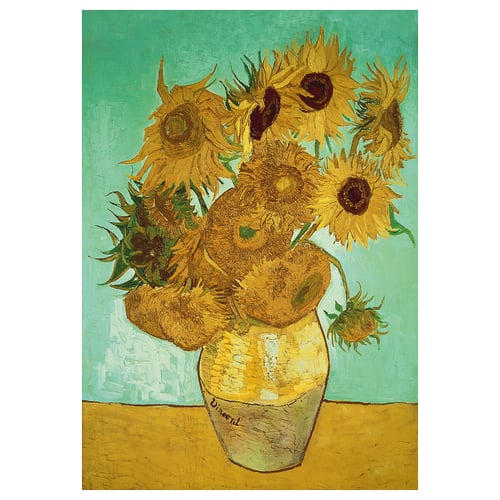 PJÄTTERYD: golden sunflowers in white vase on green. Canvas print with textured depth.