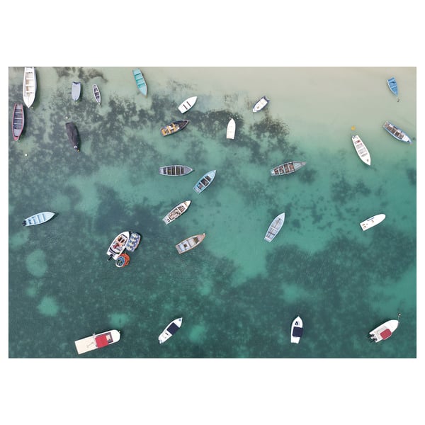 PJÄTTERYD: aerial boats scene. Beautiful turquoise water with boats. Personalize poster, polyester.