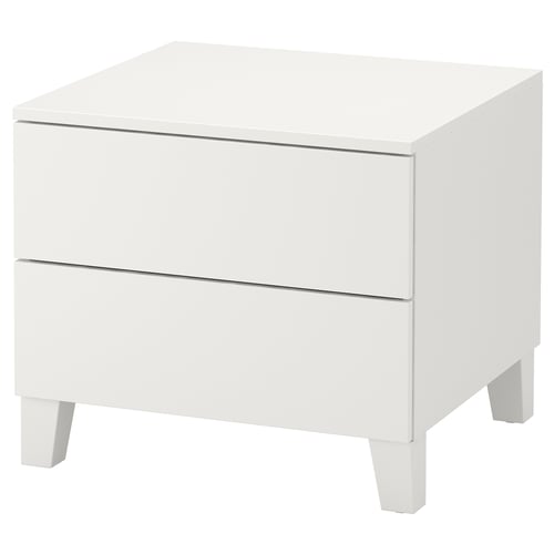 A white PLATSA bedside table with a clean, minimalist design featuring two drawers and four square legs.